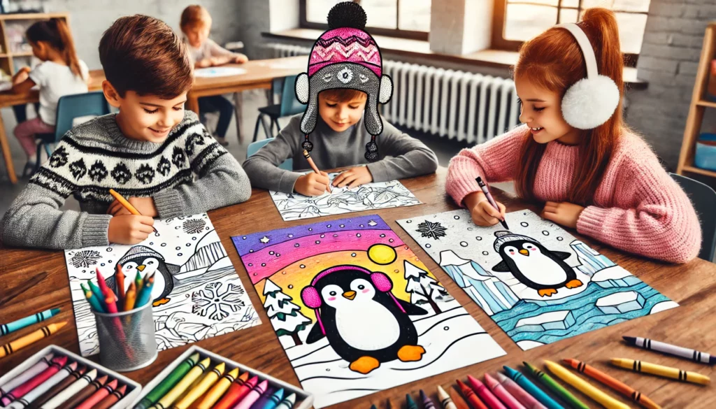 Dall·e 2024 11 06 15 04 14 three friends sit at a table in a classroom, each coloring penguins in different winter settings one child adds a sunset in pink and purple, another