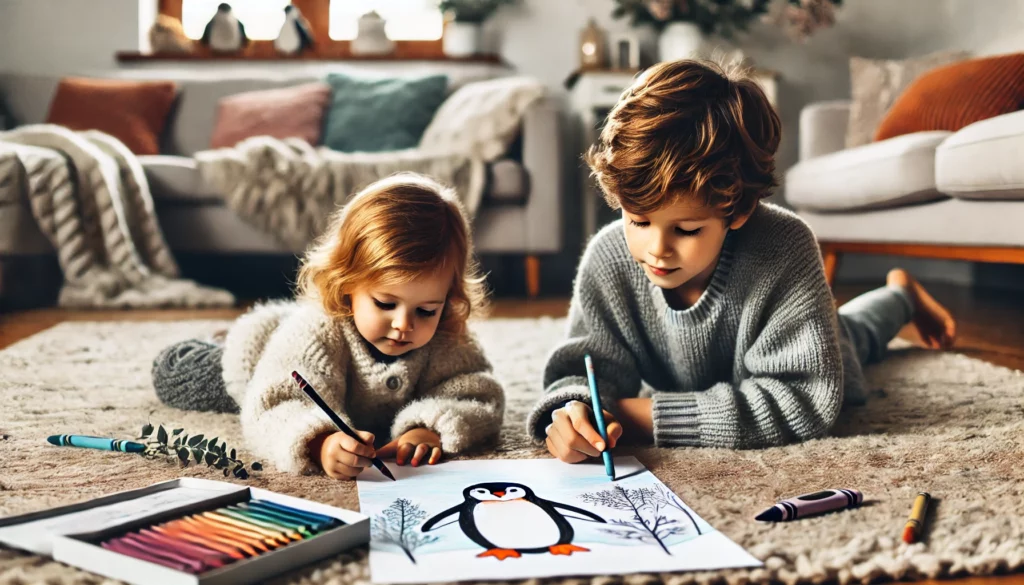 Dall·e 2024 11 06 15 04 16 two siblings lie on the living room floor with penguin coloring pages the older sibling colors a penguin’s beak and feet in orange, while the younger