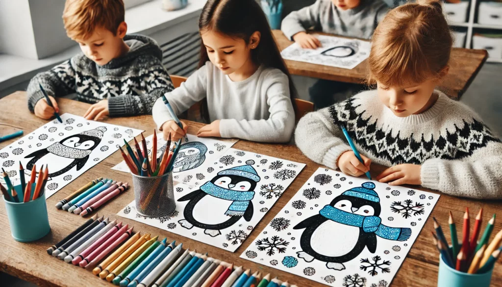 Dall·e 2024 11 06 15 04 18 three children sit around a classroom table, each coloring different penguin scenes one child shades a penguin in classic black and white, another ad