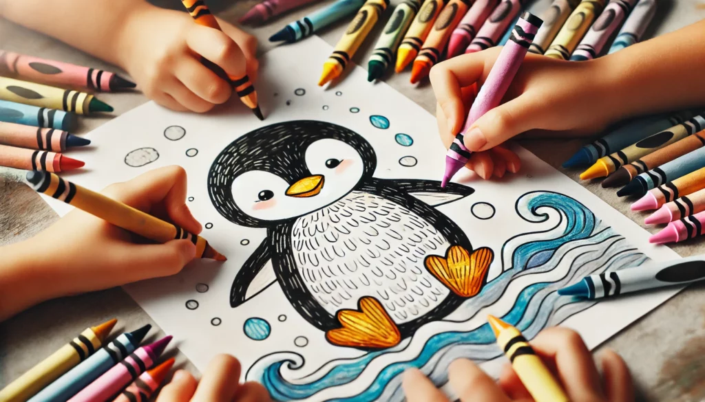 Dall·e 2024 11 06 15 08 54 close up of children’s hands as they color a penguin page one child shades the beak in orange, another colors the feet in yellow, and a third adds bl