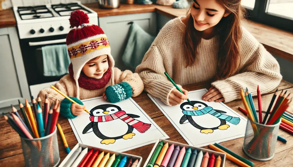 Dall·e 2024 11 06 15 08 57 two friends sit at a kitchen table, each working on a cute penguin coloring page the older child colors a penguin with a red and white scarf, while t