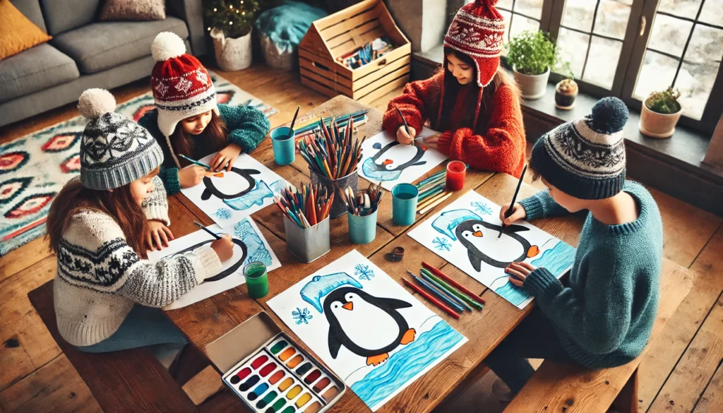 Dall·e 2024 11 06 15 11 18 a group of friends sits around a picnic table indoors, each working on a penguin themed coloring page one child colors a penguin family huddling toge