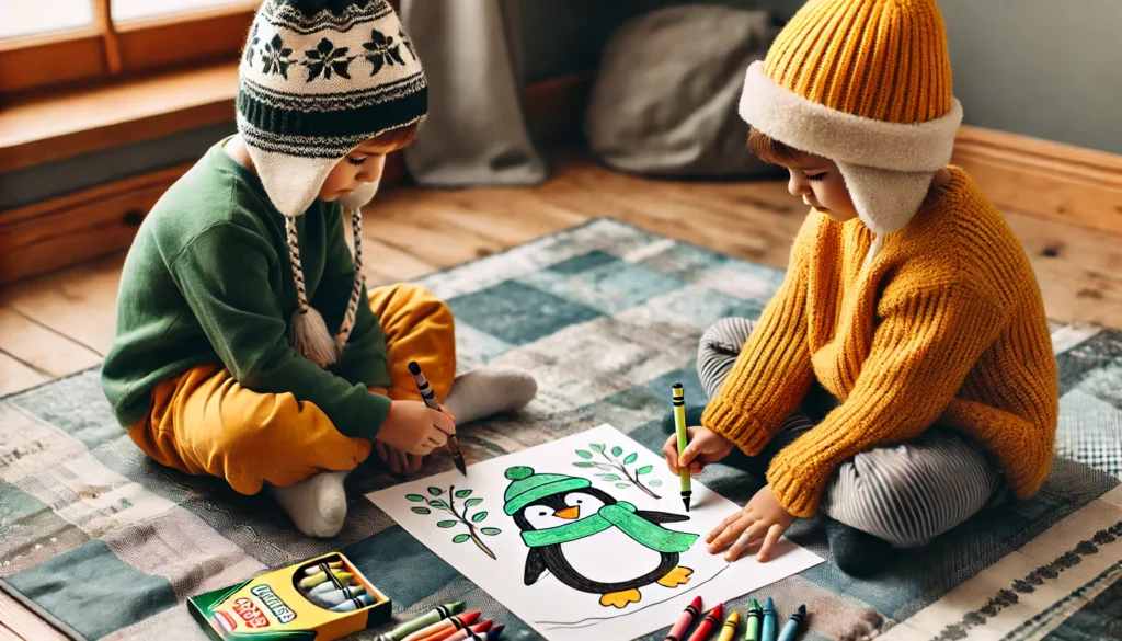 Dall·e 2024 11 06 15 11 21 two young friends sit cross legged on a play mat, each coloring their own penguin themed page one colors a penguin with a green scarf, while the othe