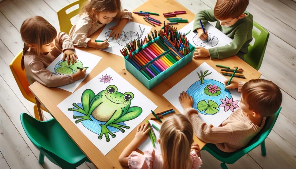 Dall·e 2024 11 06 15 16 46 three children sit around a classroom table, each coloring a different frog one child shades the frog in bright green, another adds lily pads in soft