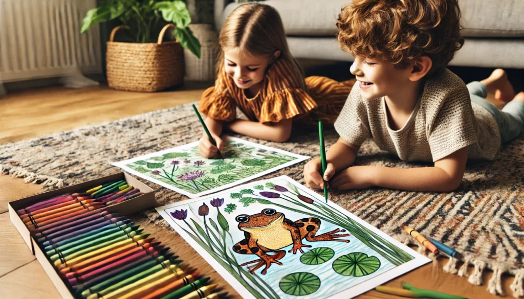 Dall·e 2024 11 06 15 16 49 two siblings lie on a cozy living room rug with frog themed coloring pages the older sibling colors a frog with brown spots, while the younger shades