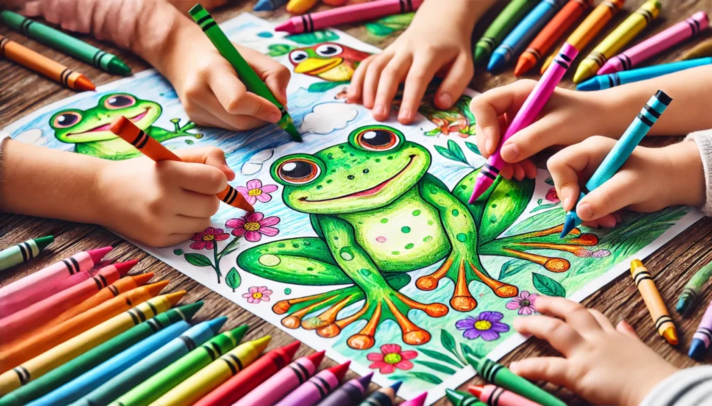 Dall·e 2024 11 06 15 16 52 close up of children’s hands as they color frogs on a coloring page one child shades a frog’s belly in light green, another colors the eyes in orange