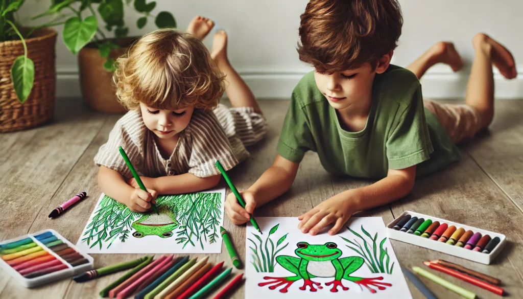 Dall·e 2024 11 06 15 16 55 two siblings, around ages 6 and 9, lie side by side with frog coloring pages the older sibling colors a tree frog with bright red feet, while the you