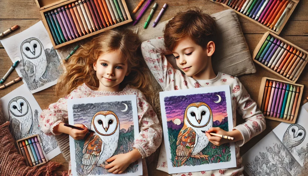 Dall·e 2024 11 06 15 47 44 two siblings, around ages 6 and 9, lie side by side with owl coloring pages the older sibling colors a barn owl in soft white and cream, while the yo