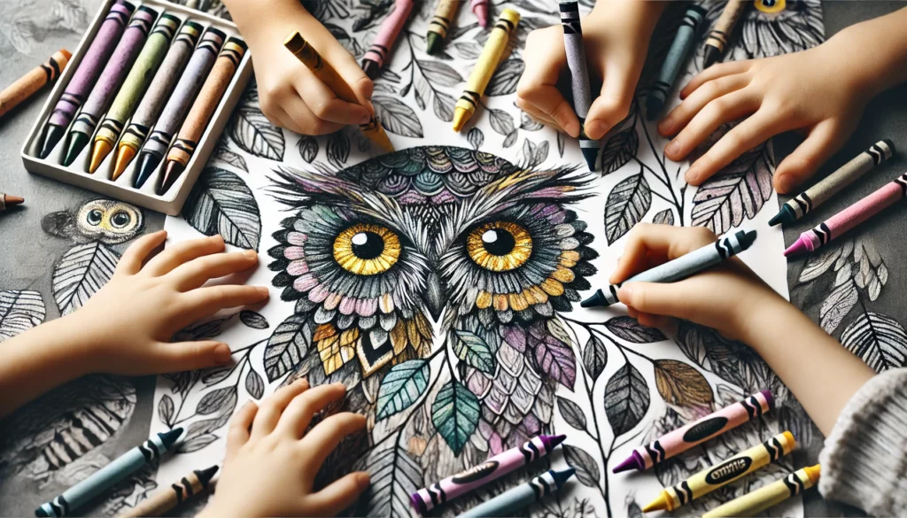 Dall·e 2024 11 06 15 47 47 close up of children’s hands as they color owl eyes and feathers one child shades the owl's eyes in yellow, another colors the wings in dark gray, wh