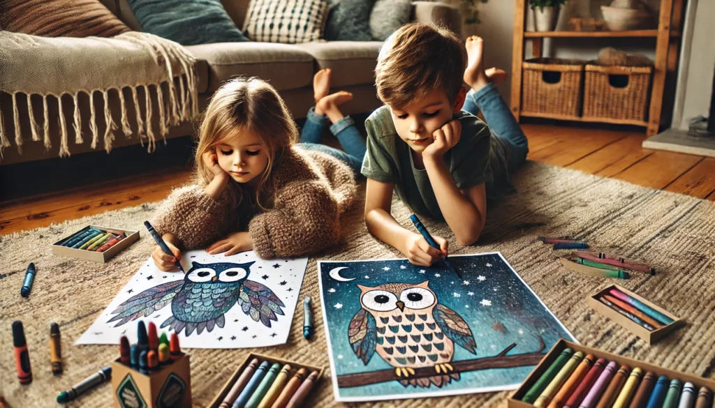 Dall·e 2024 11 06 15 47 49 two siblings lie on the living room carpet with owl themed coloring pages the older sibling colors an owl’s wings in shades of brown, while the young