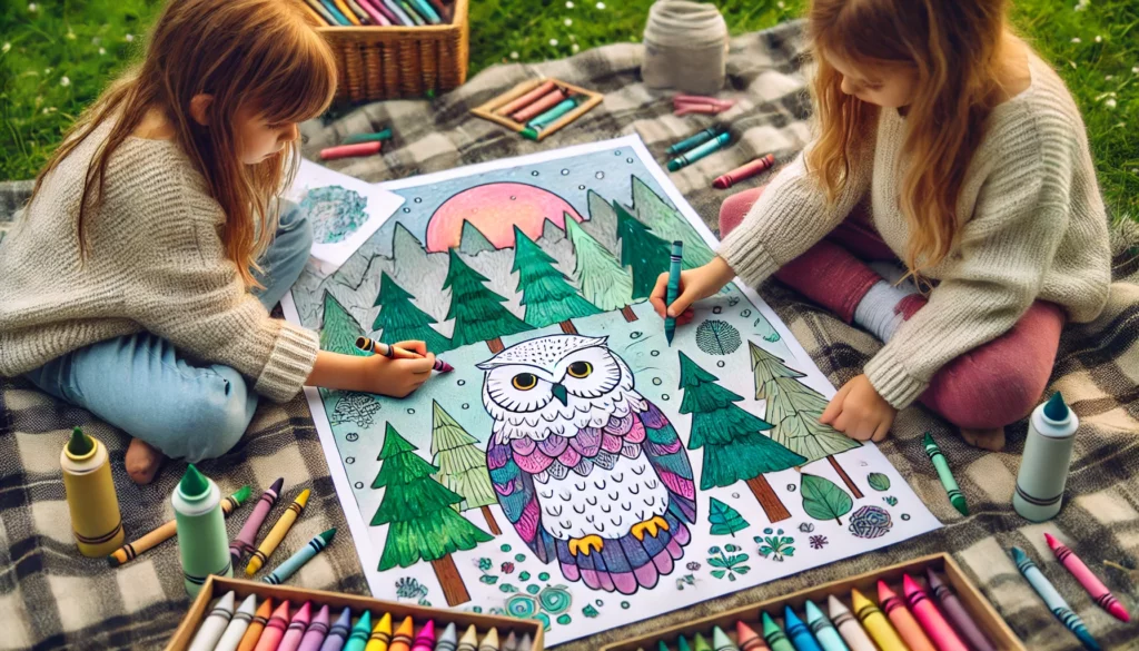 Dall·e 2024 11 06 15 51 36 three friends sit on a picnic blanket, each coloring an owl in a different setting one child colors a snowy owl in white and light blue, another shad