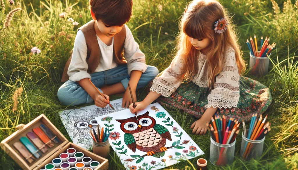 Dall·e 2024 11 06 15 51 40 two children, a boy and a girl, sit on a grassy field with owl themed coloring pages the boy colors an owl with brown and tan feathers, while the gir