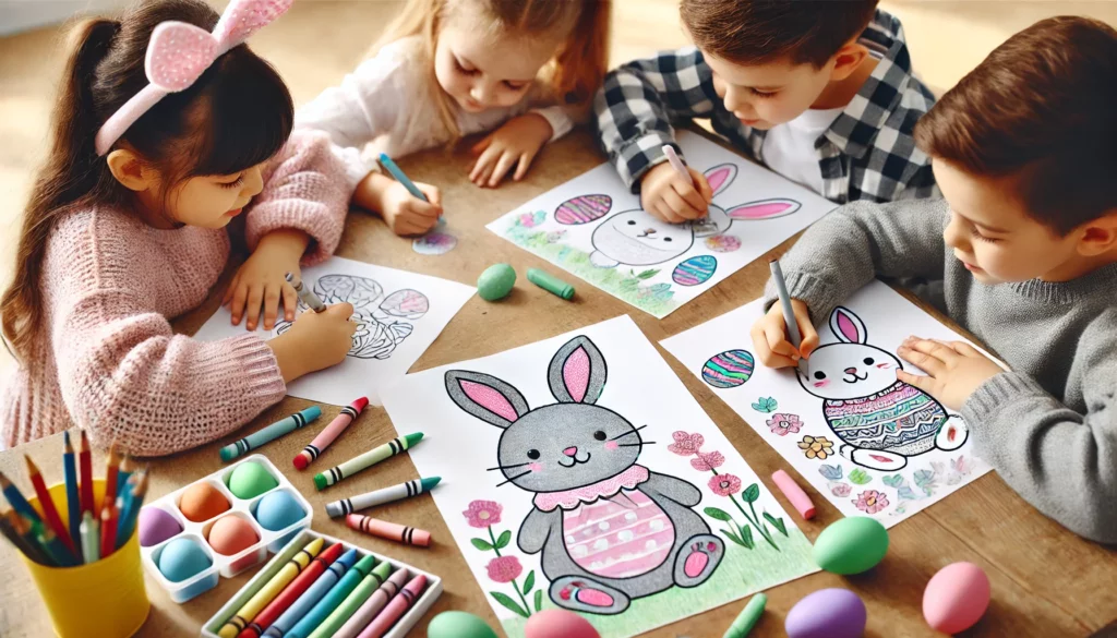 Dall·e 2024 11 06 16 10 44 three children sit around a classroom table, each coloring a different easter bunny scene one child colors the bunny’s fur in soft gray, another adds