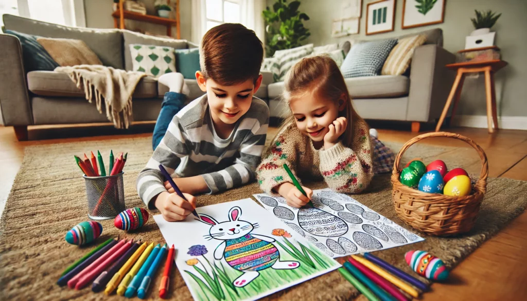 Dall·e 2024 11 06 16 10 48 two siblings lie on the living room rug with easter bunny coloring pages the older sibling colors a bunny holding a basket, while the younger shades