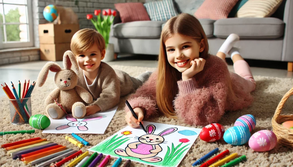 Dall·e 2024 11 06 16 10 50 two siblings lie on a cozy living room carpet with easter bunny coloring pages the older sibling colors a smiling bunny with soft brown fur, while th