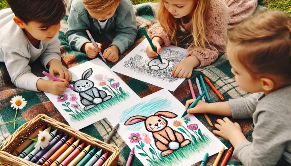 Dall·e 2024 11 06 16 10 52 three friends sit on a picnic blanket, each coloring a bunny scene with different backgrounds one child colors a bunny sitting in green grass, anothe