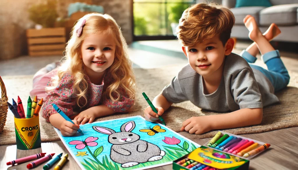 Dall·e 2024 11 06 16 11 27 two young siblings lie on the floor with easter bunny coloring pages the older sibling shades in a bunny with gray fur, while the younger adds butter