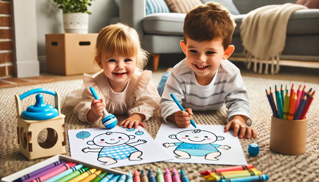 Dall·e 2024 11 06 16 21 07 two siblings lie on the living room carpet with baby themed coloring pages the older sibling colors a rattle in blue and white, while the younger sha