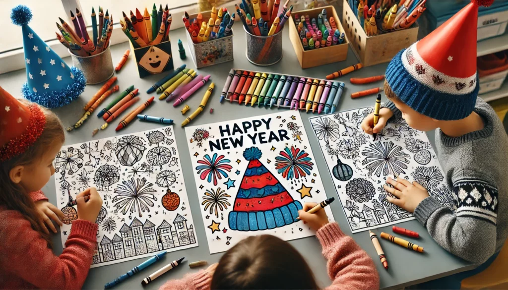 Dall·e 2024 11 06 16 30 43 three children sit around a classroom table, each coloring different new year scenes one child colors a party hat in bright red and blue, another add