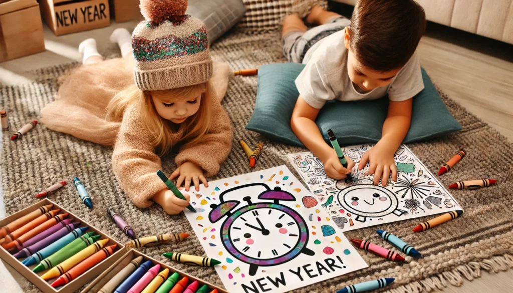 Dall·e 2024 11 06 16 30 44 two siblings lie on a cozy rug with new year coloring pages the older sibling colors a cute clock about to strike midnight, while the younger shades