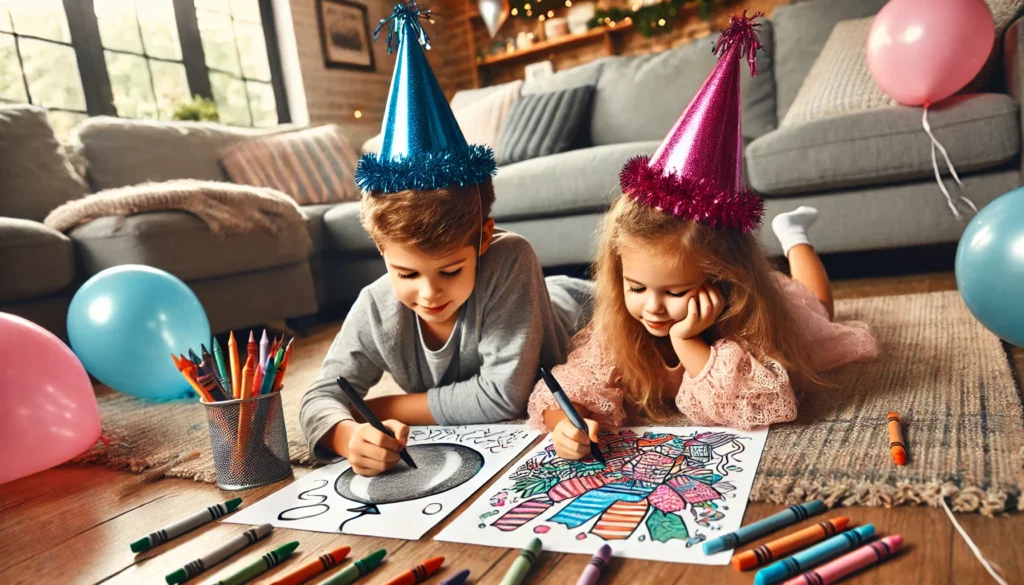 Dall·e 2024 11 06 16 30 54 two siblings lie side by side on the living room floor with new year themed coloring pages the older sibling colors a big balloon in silver, while th