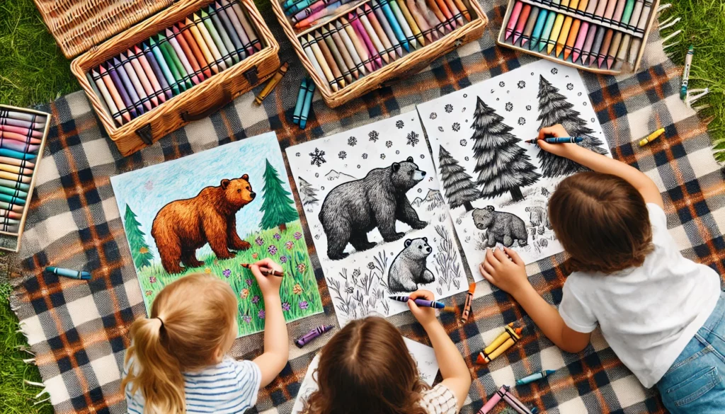 Dall·e 2024 11 06 17 08 17 three friends sit on a picnic blanket, each coloring a bear in a different setting one child colors a grizzly bear standing in a meadow, another shad