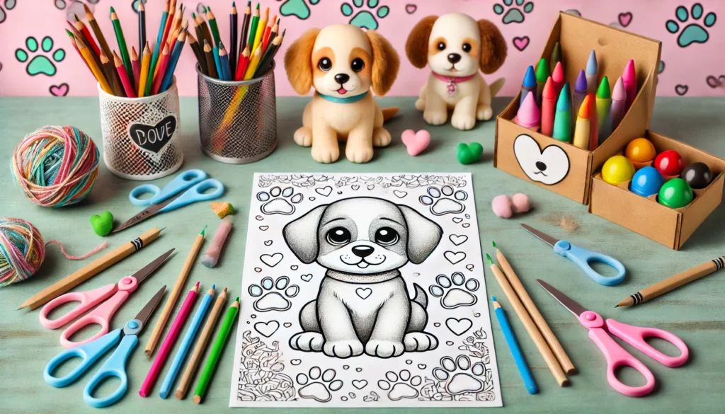 Dall·e 2024 11 08 12 26 24 creative desk setup a puppy themed coloring page centered on a child’s desk, surrounded by colored pencils, markers, and crayons the background incl