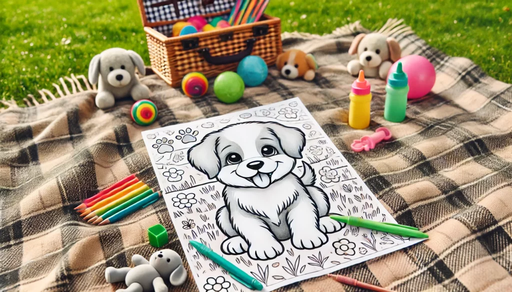 Dall·e 2024 11 08 12 26 29 outdoor picnic a partially colored puppy themed coloring page spread out on a picnic blanket during a sunny day the background includes a grassy par