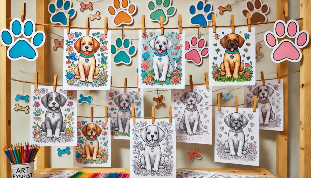 Dall·e 2024 11 08 13 35 33 art showcase several completed puppy themed coloring pages hanging with clothespins on a string, surrounded by dog themed decorations like paw prints