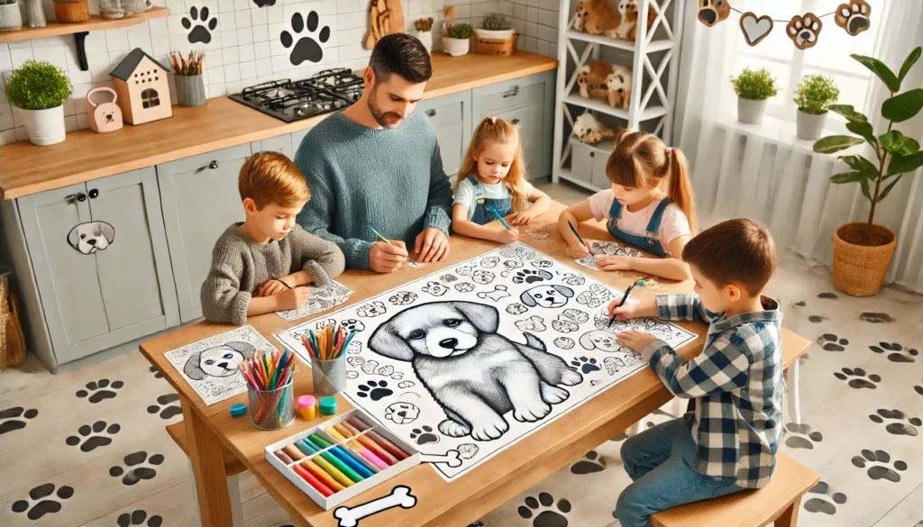 Dall·e 2024 11 08 13 35 42 family activity a puppy themed coloring page on a large kitchen table with family members gathered around, each working on different sections of the