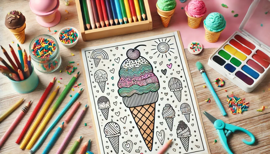 Dall·e 2024 11 08 15 47 02 creative desk setup an ice cream themed coloring page centered on a child’s desk, surrounded by colored pencils, markers, and crayons the background