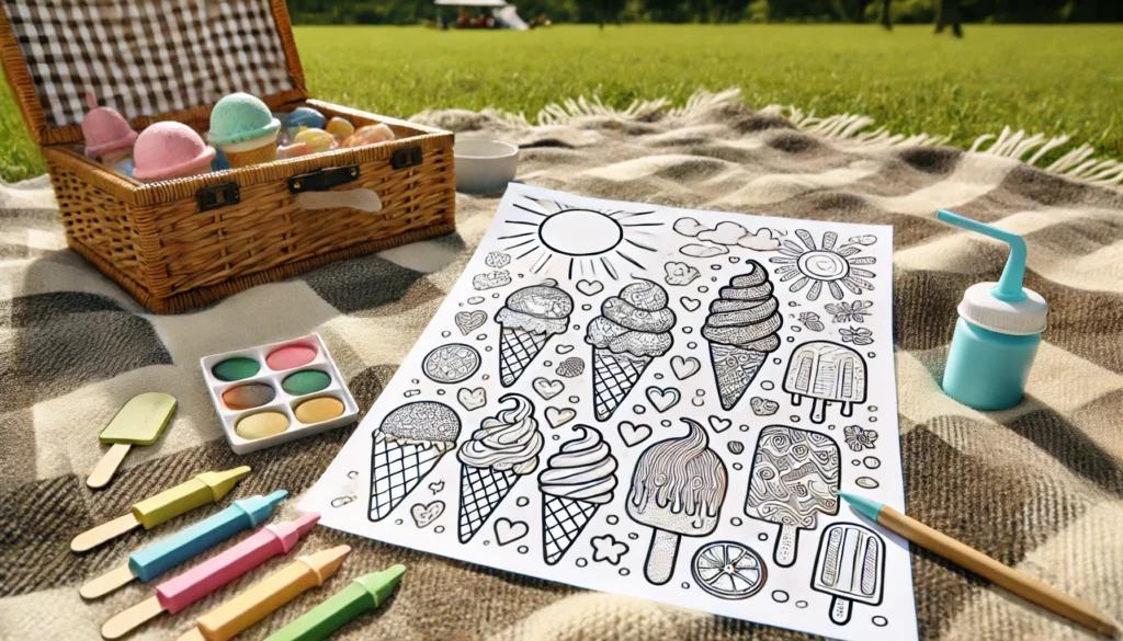 Dall·e 2024 11 08 15 47 10 outdoor picnic a partially colored ice cream themed coloring page spread out on a picnic blanket during a sunny day the background includes a grassy