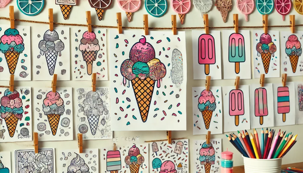 Dall·e 2024 11 08 15 47 15 art showcase several completed ice cream themed coloring pages hanging with clothespins on a string, surrounded by fun decorations like ice cream con