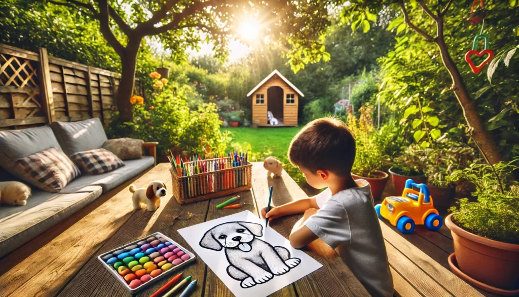 Dall·e 2024 11 13 14 06 54 backyard coloring a child sitting at an outdoor table in the backyard, surrounded by nature, coloring a puppy themed page under bright sunlight the