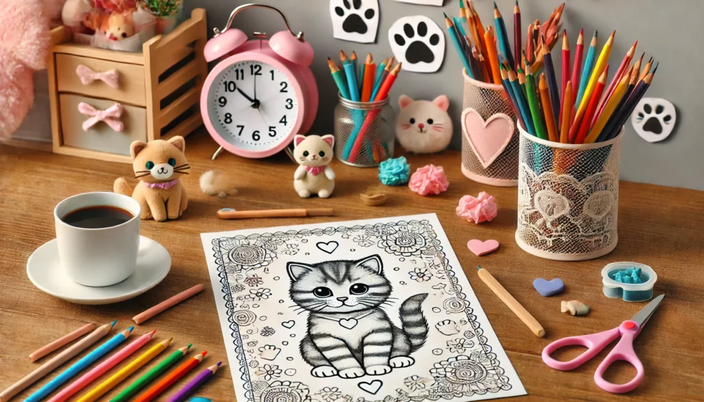 Dall·e 2024 11 13 16 21 33 creative desk setup a kitten themed coloring page centered on a child’s desk, surrounded by colored pencils, markers, and crayons the background inc