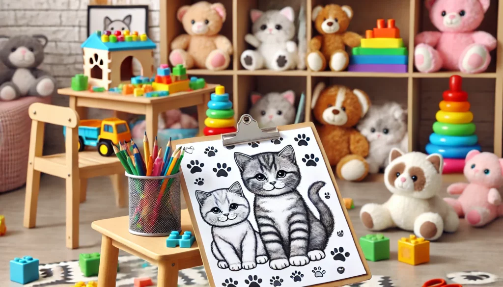 Dall·e 2024 11 13 16 21 38 playroom fun a kitten themed coloring page resting on a small table in a playroom, surrounded by toys like plush kittens, building blocks, and paw pr