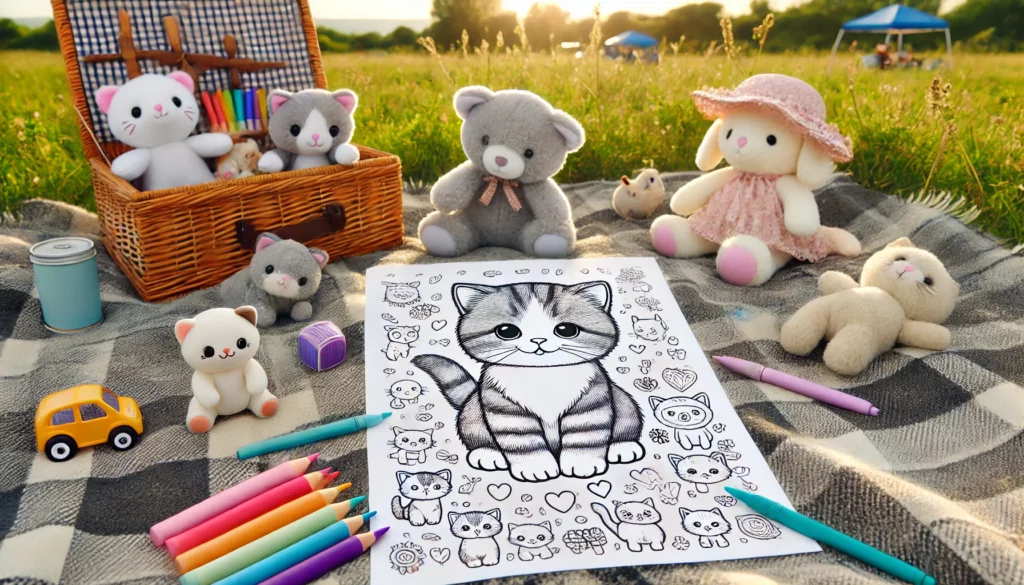 Dall·e 2024 11 13 16 21 44 outdoor picnic a partially colored kitten themed coloring page spread out on a picnic blanket during a sunny day the background includes grassy fiel