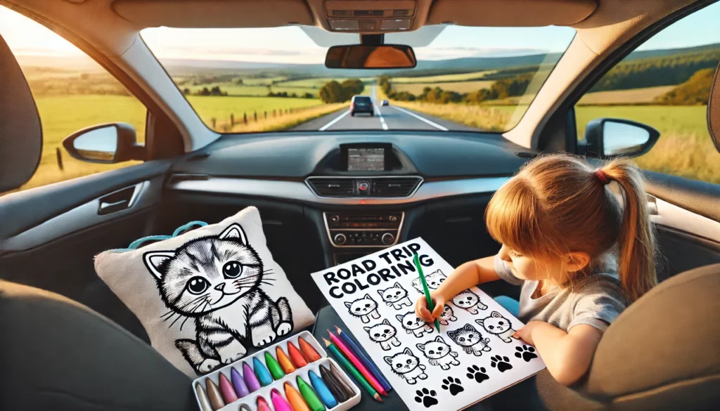 Dall·e 2024 11 13 16 24 11 road trip coloring a child sitting in the backseat of a car during a family road trip, happily coloring a kitten themed page the car window shows sc