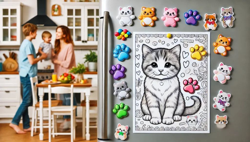 Dall·e 2024 11 13 16 24 48 fridge display a completed kitten themed coloring page attached to the fridge with colorful magnets the background shows a cozy kitchen with family