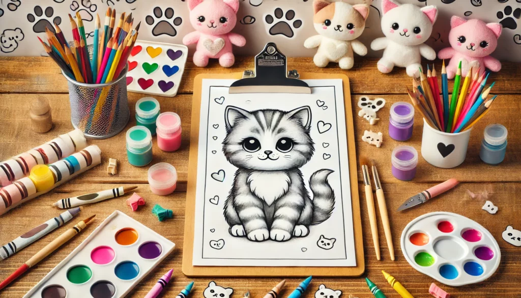 Dall·e 2024 11 13 16 25 48 art station a kitten themed coloring page centered on a clipboard surrounded by art supplies like crayons, paints, and brushes on a table the backgr