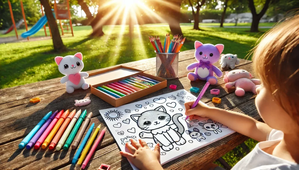 Dall·e 2024 11 13 16 25 51 sunny day outdoors a child coloring a kitten themed page on a picnic table in a park, with the page brightly lit by sunlight the background includes