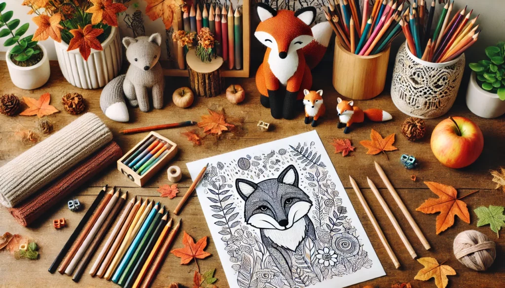 Dall·e 2024 11 14 17 15 57 creative desk setup a fox themed coloring page centered on a child’s desk, surrounded by colored pencils, markers, and crayons the background includ