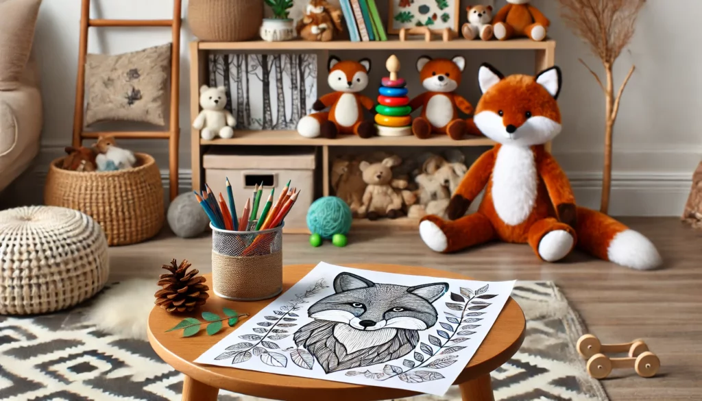 Dall·e 2024 11 14 17 15 59 playroom fun a fox themed coloring page resting on a small table in a playroom, surrounded by toys like plush foxes, pinecones, and nature inspired d