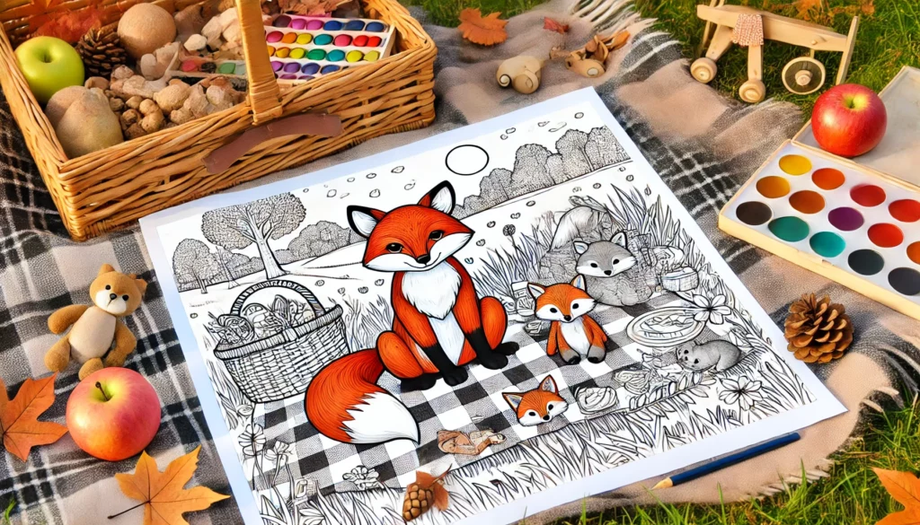 Dall·e 2024 11 14 17 16 01 outdoor picnic a partially colored fox themed coloring page spread out on a picnic blanket during a sunny day the background includes grassy fields,