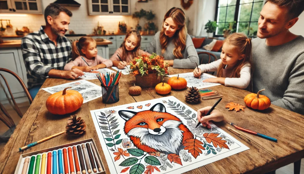 Dall·e 2024 11 14 17 16 04 family activity a fox themed coloring page on a large kitchen table with family members gathered around, each working on different sections of the pa