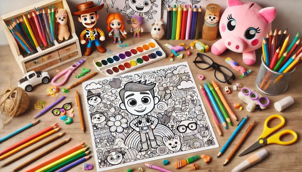 Dall·e 2024 11 14 18 19 49 creative desk setup a cartoon themed coloring page centered on a child’s desk, surrounded by colored pencils, markers, and crayons the background in