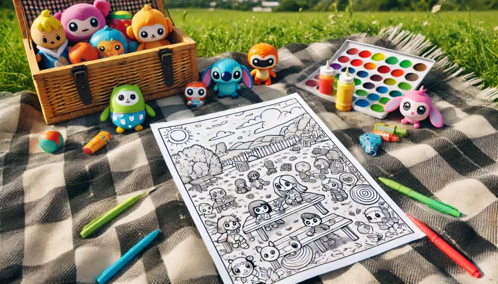 Dall·e 2024 11 14 18 20 05 outdoor picnic a partially colored cartoon themed coloring page spread out on a picnic blanket during a sunny day the background includes grassy fie