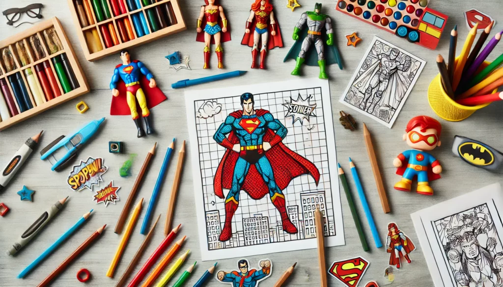 Creative desk setup a superhero themed coloring page centered on a child’s desk, surrounded by colored pencils, markers, and crayons the background.