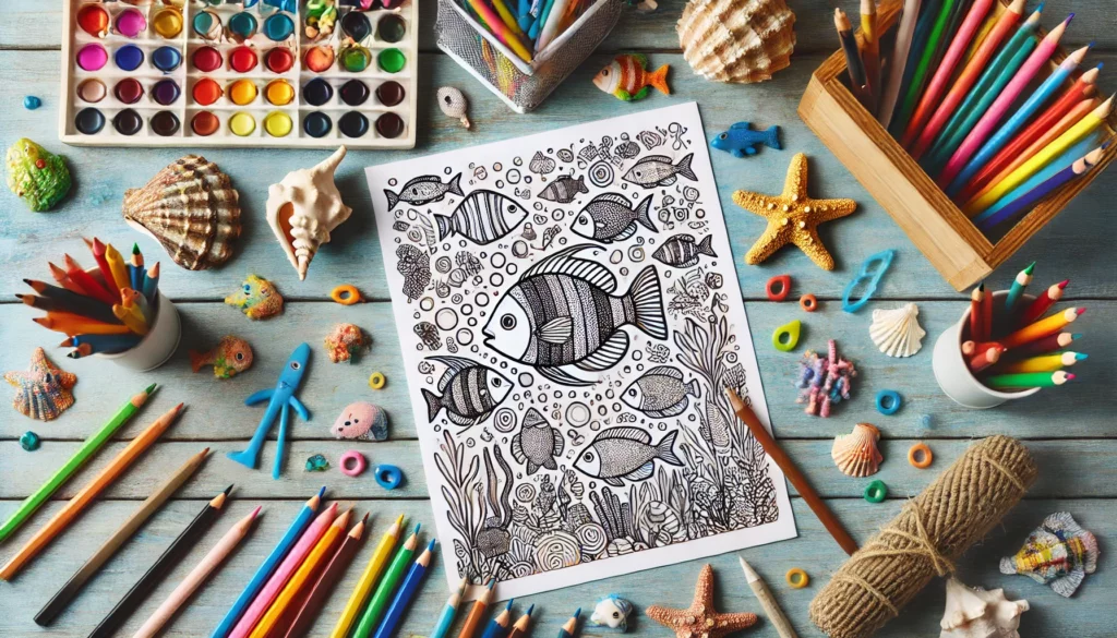 Dall·e 2024 11 15 13 44 04 creative desk setup a fish themed coloring page centered on a child’s desk, surrounded by colored pencils, markers, and crayons the background inclu