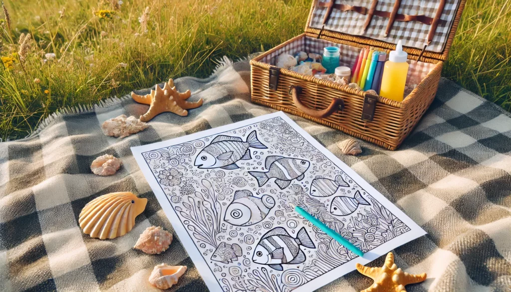 Dall·e 2024 11 15 13 44 06 outdoor picnic a partially colored fish themed coloring page spread out on a picnic blanket during a sunny day the background includes grassy fields